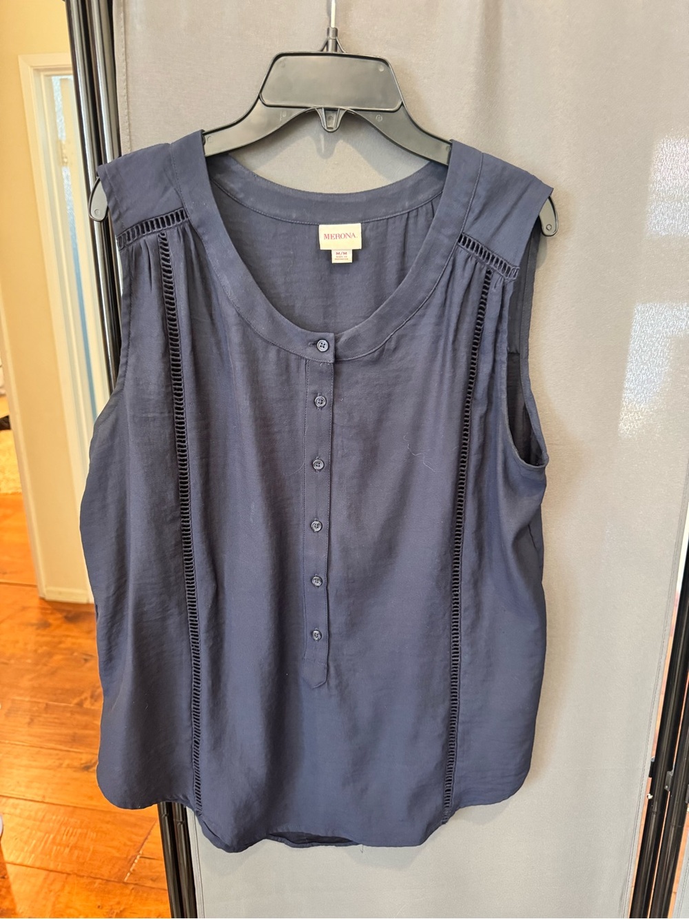 Merona Navy Button-Front Sleeveless Blouse with Ladder Trim